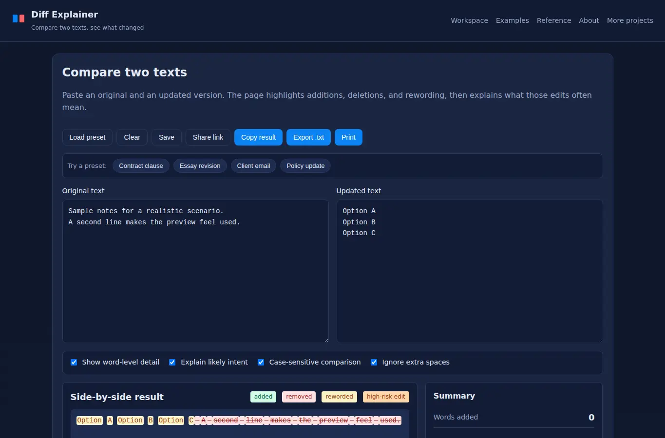 Screenshot of Side-by-Side Text Diff Explainer interface showing the project page in use